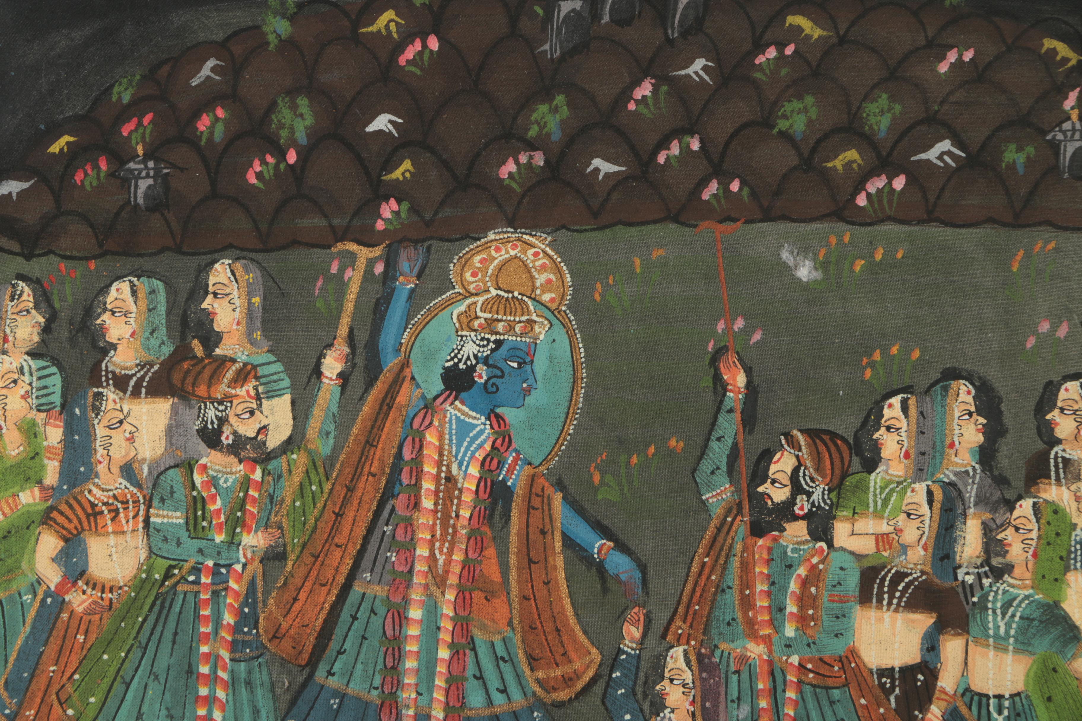Indian Gouache and Ink Painting on Fabric of Krishna Surrounded by Figures