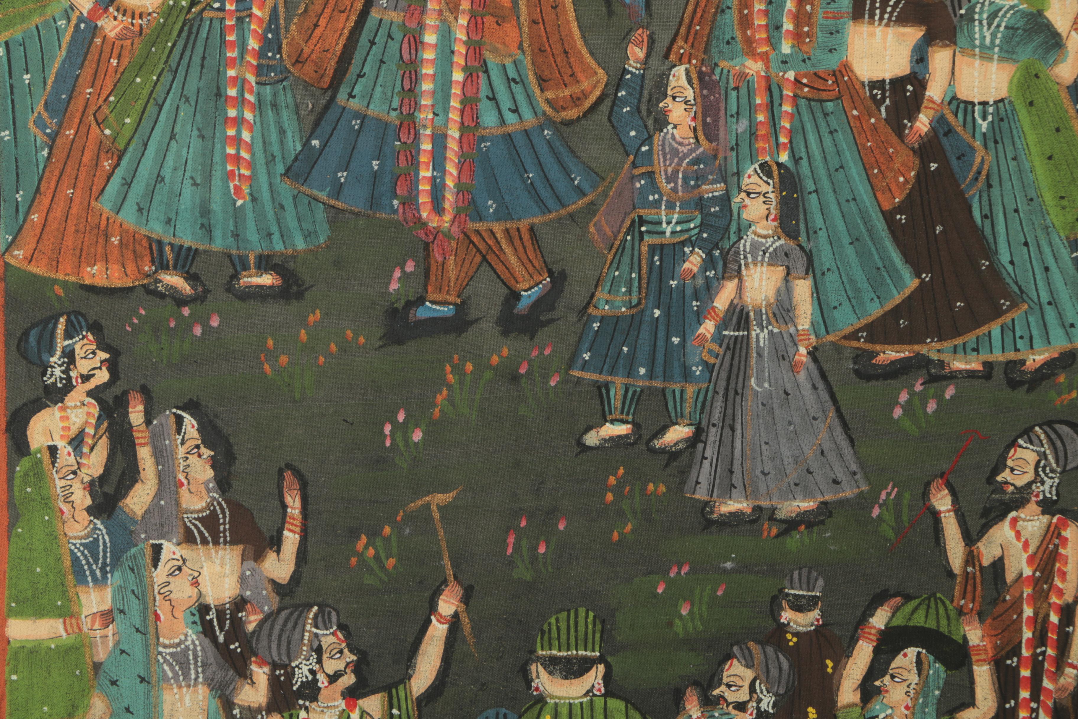 Indian Gouache and Ink Painting on Fabric of Krishna Surrounded by Figures