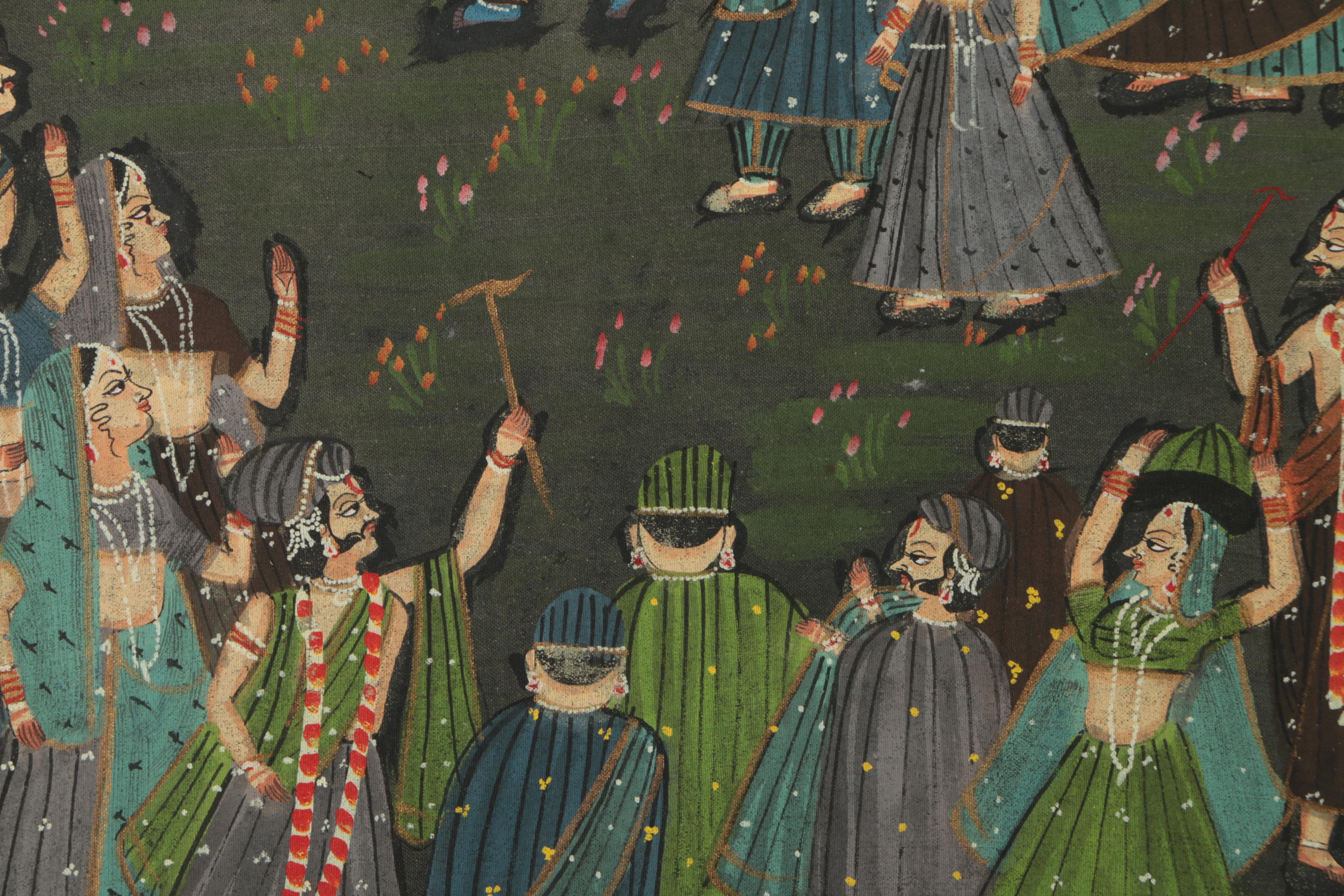 Indian Gouache and Ink Painting on Fabric of Krishna Surrounded by Figures
