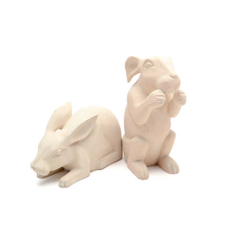 Two Wood Carved Rabbits