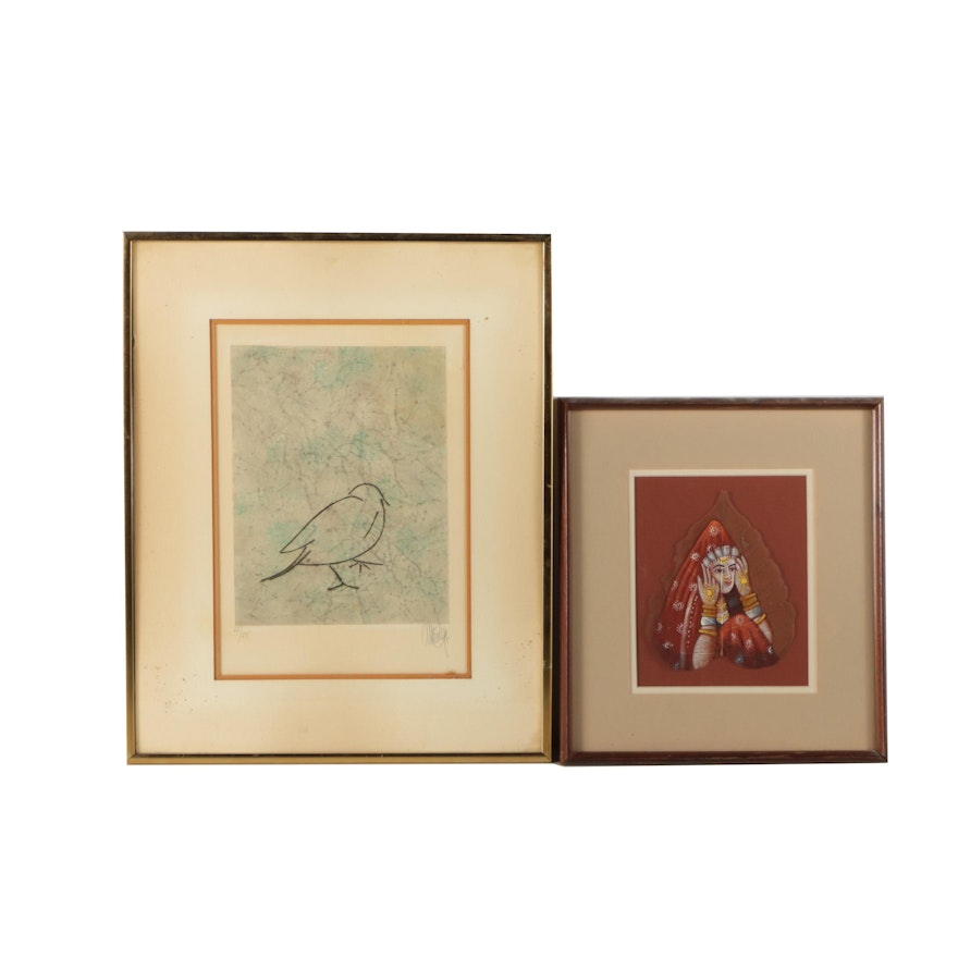 Limited Edition Lithograph with Portrait of an Indo-Persian Woman on a Leaf