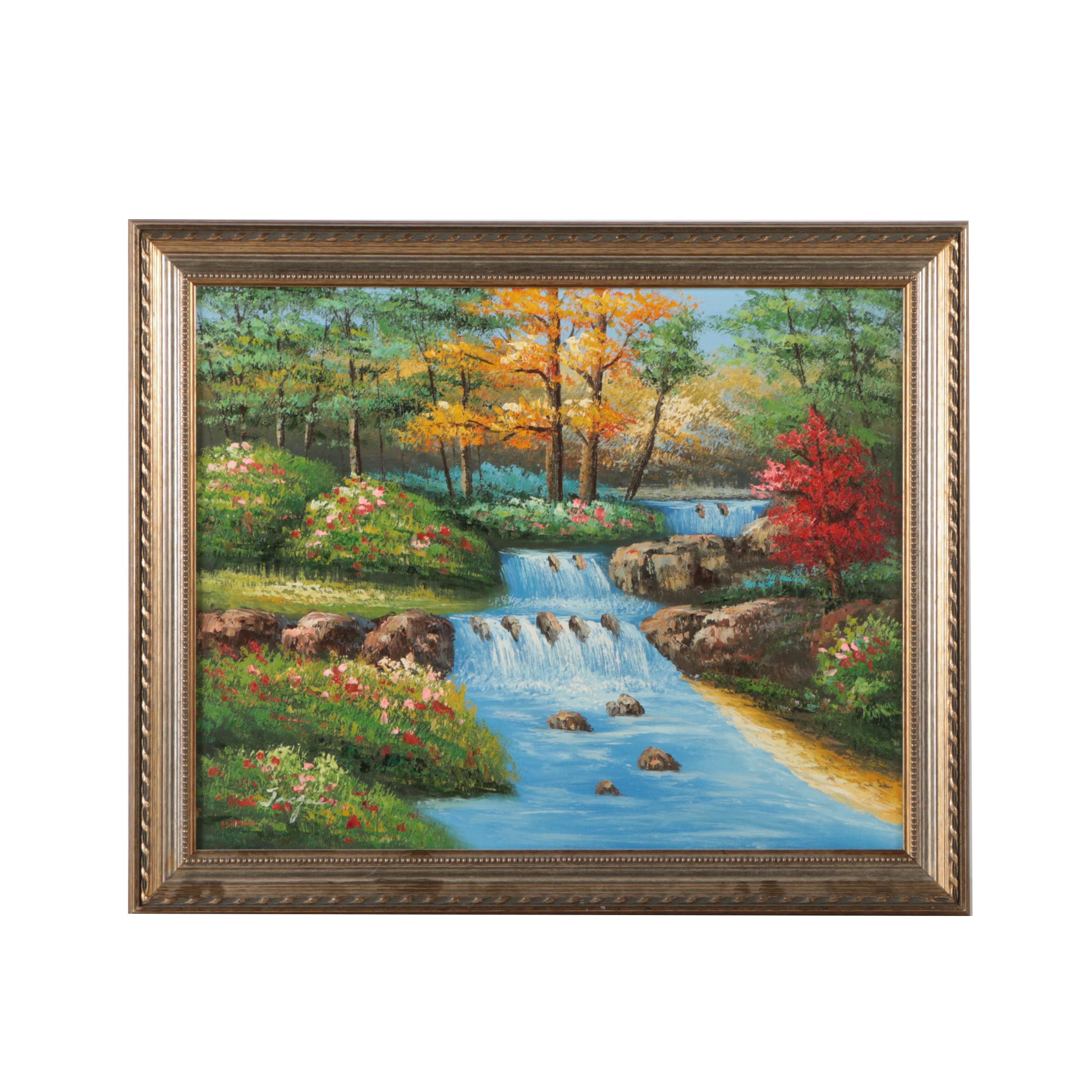 Jacques Oil Painting on Canvas of Colorful Landscape with Waterfalls