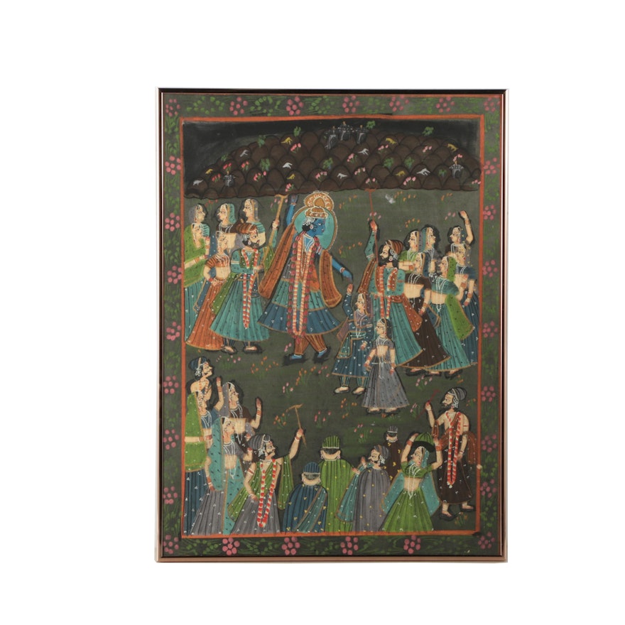 Indian Gouache and Ink Painting on Fabric of Krishna Surrounded by Figures