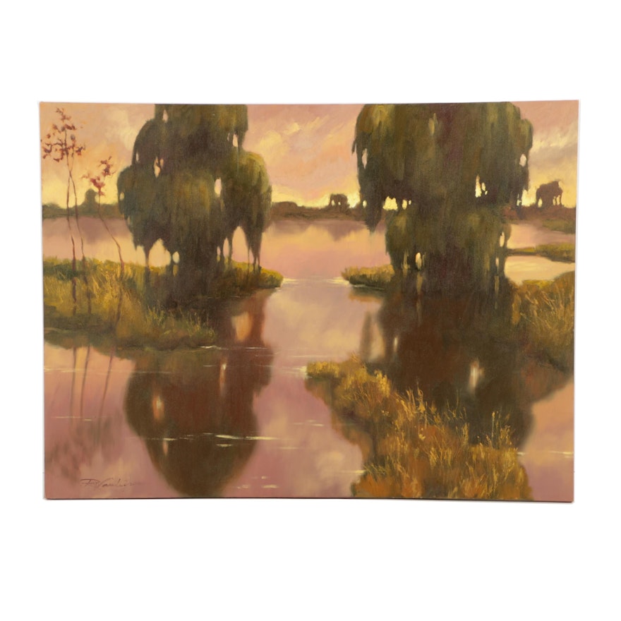 Signed Original Oil Painting on Canvas of a Sunset over a Pond