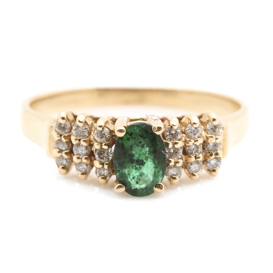 14K Yellow Gold Emerald and Diamond Accent Ring