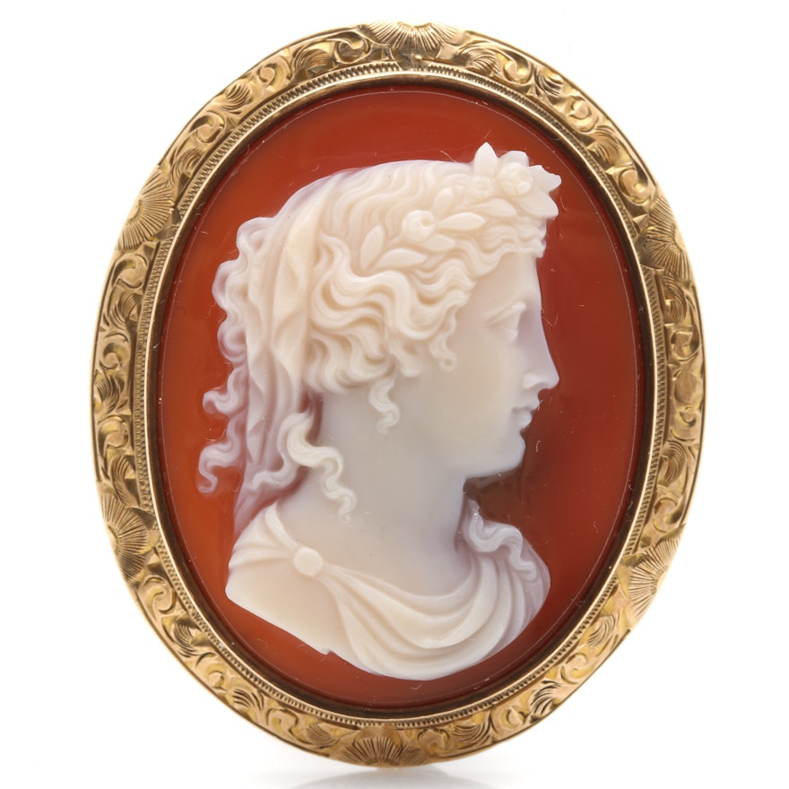 10K Yellow Gold Agate Cameo Brooch