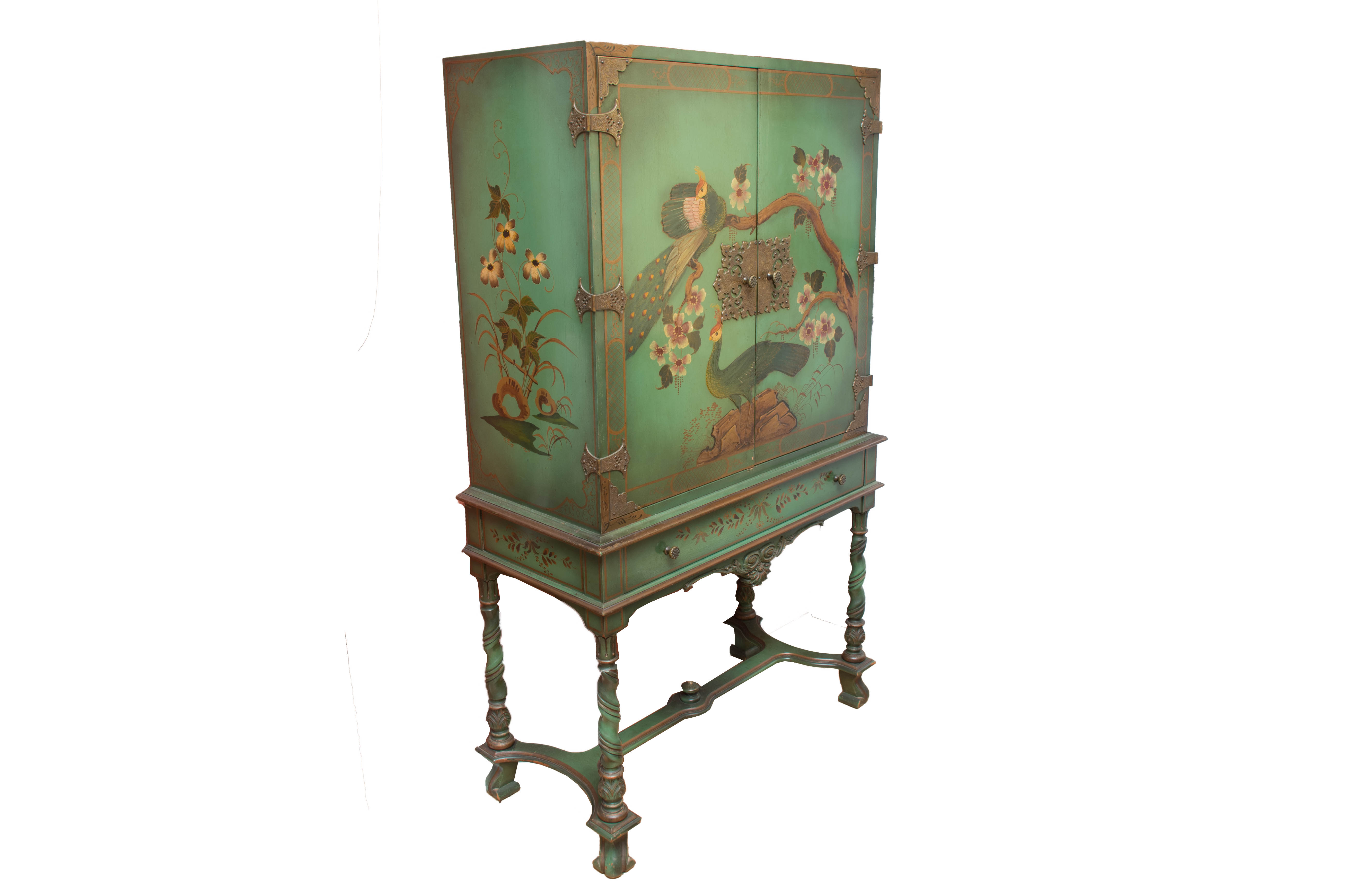 Vintage Hand Painted Chinoiserie Cabinet On Stand