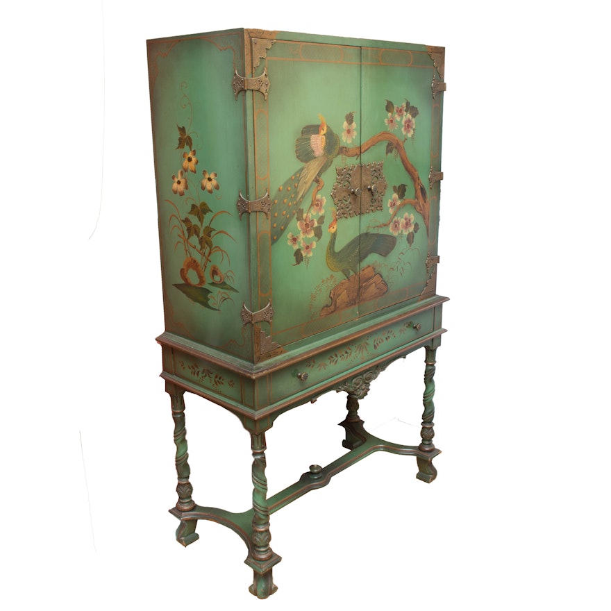 Vintage Hand Painted Chinoiserie Cabinet On Stand