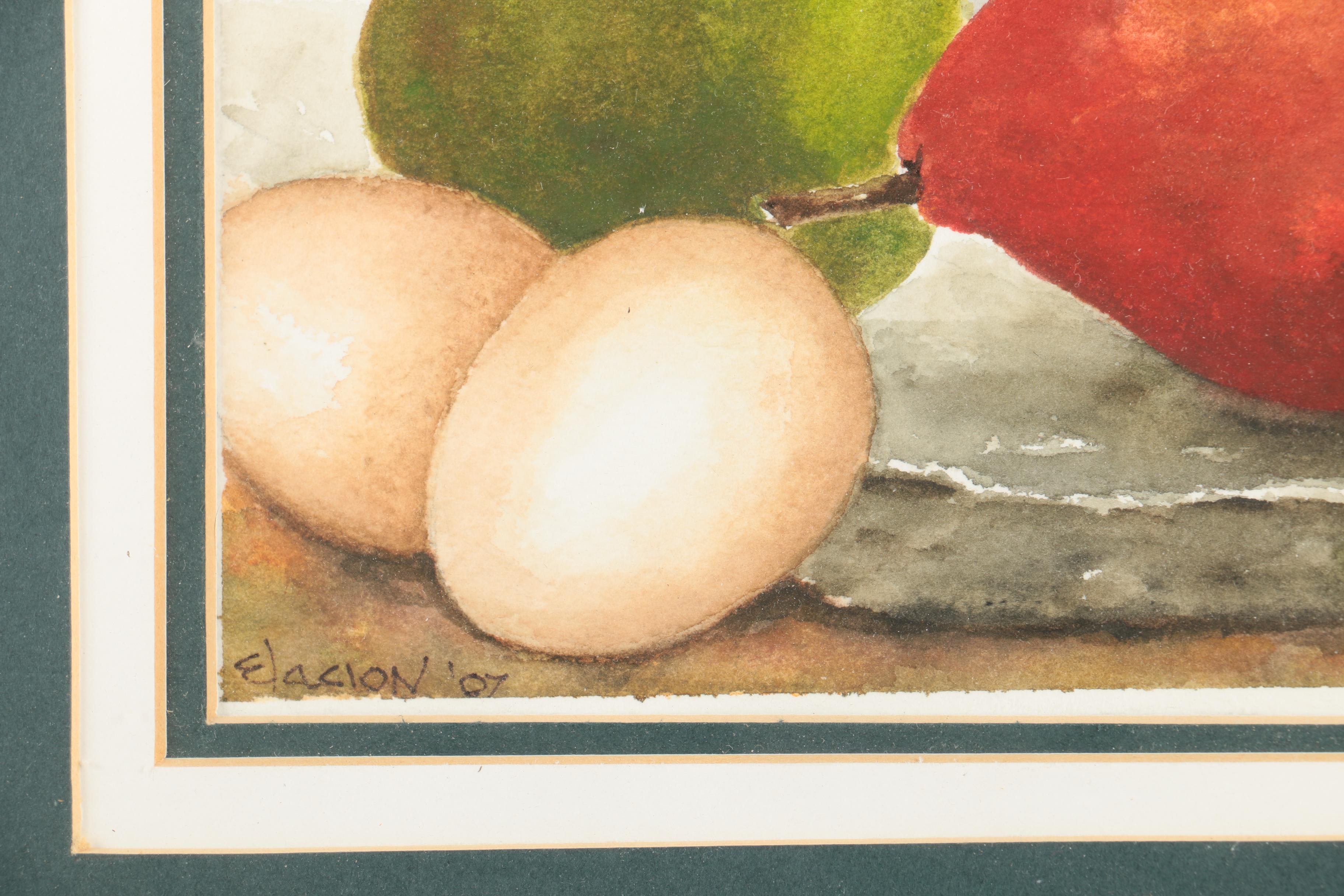 Anthony S. Elacion Watercolor Painting Still Life of Fruit and Eggs