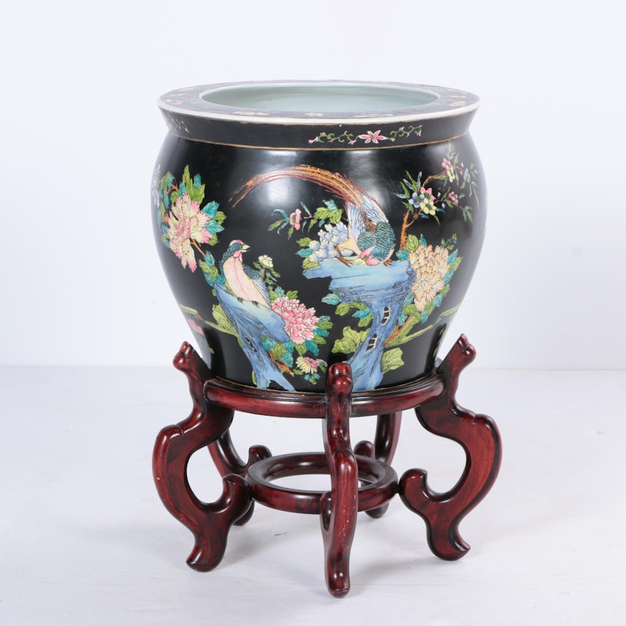 Chinese Porcelain Fish Bowl Planter On Wood Stand