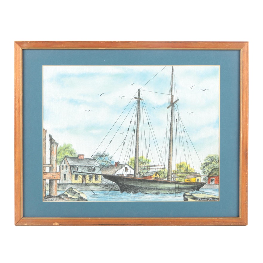 Mary Rucci Pastel Drawing of a Sailboat in a Harbor