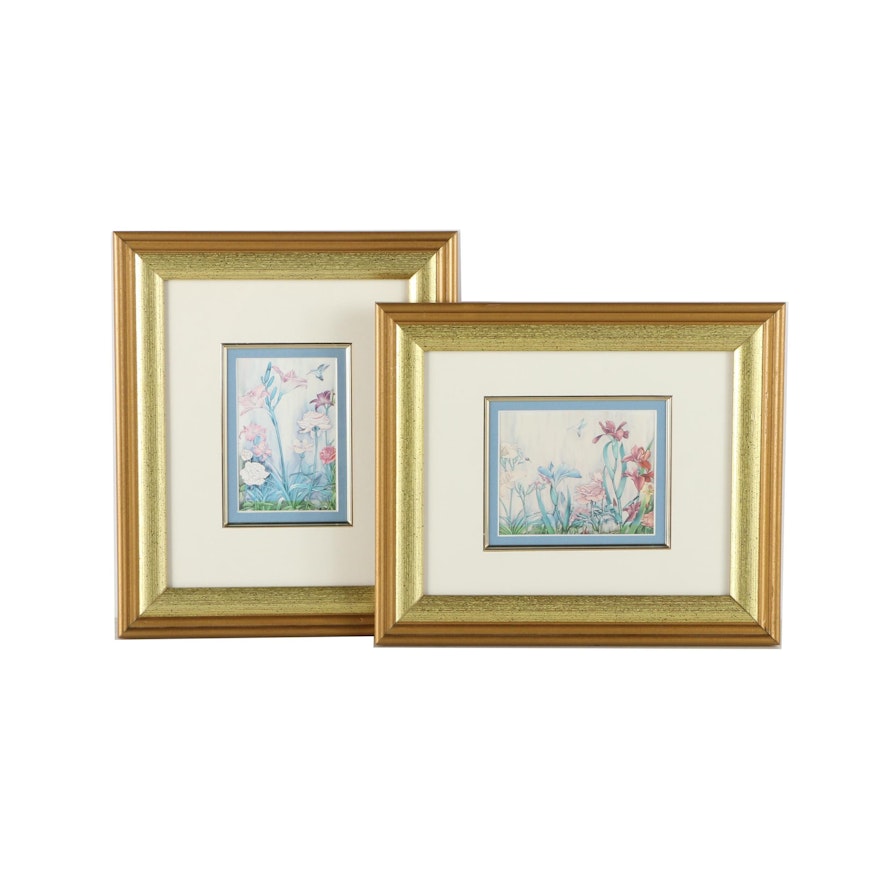 Offset Lithograph Prints on Paper of Flowers and Hummingbirds