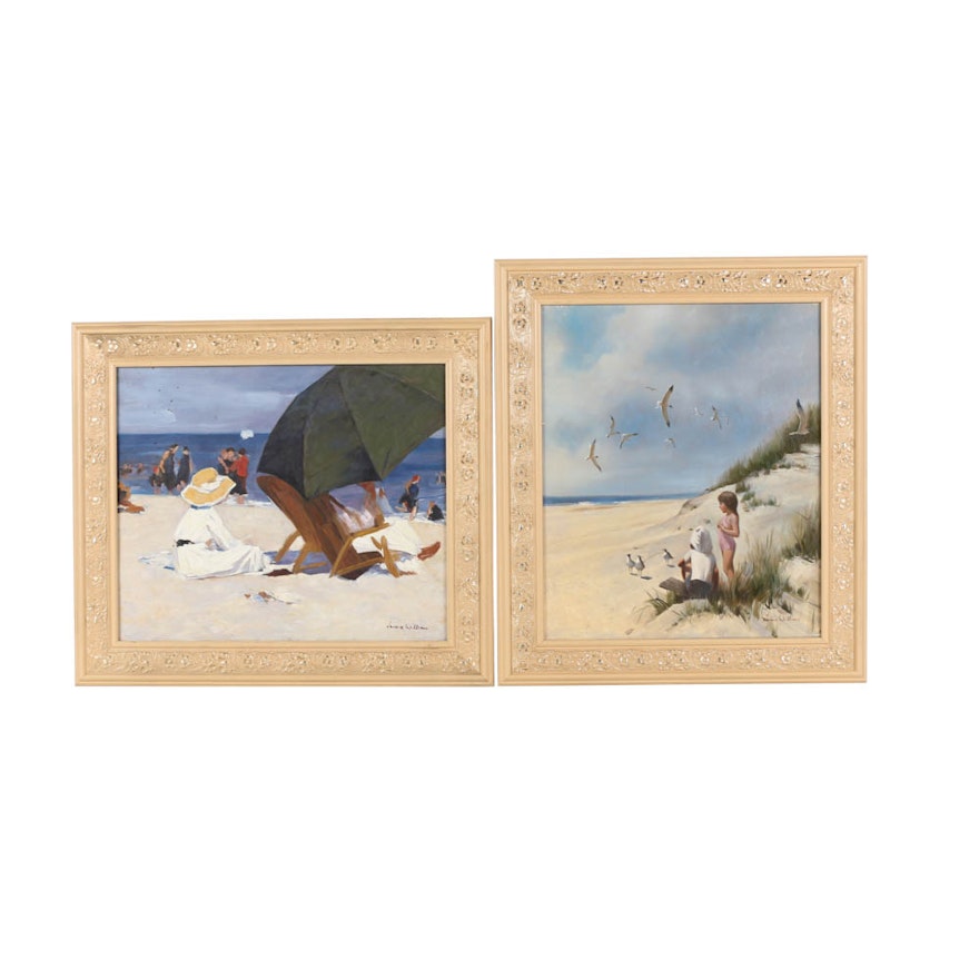 L. Williams Embellished Giclee Prints of Individuals Lounging on the Beach.