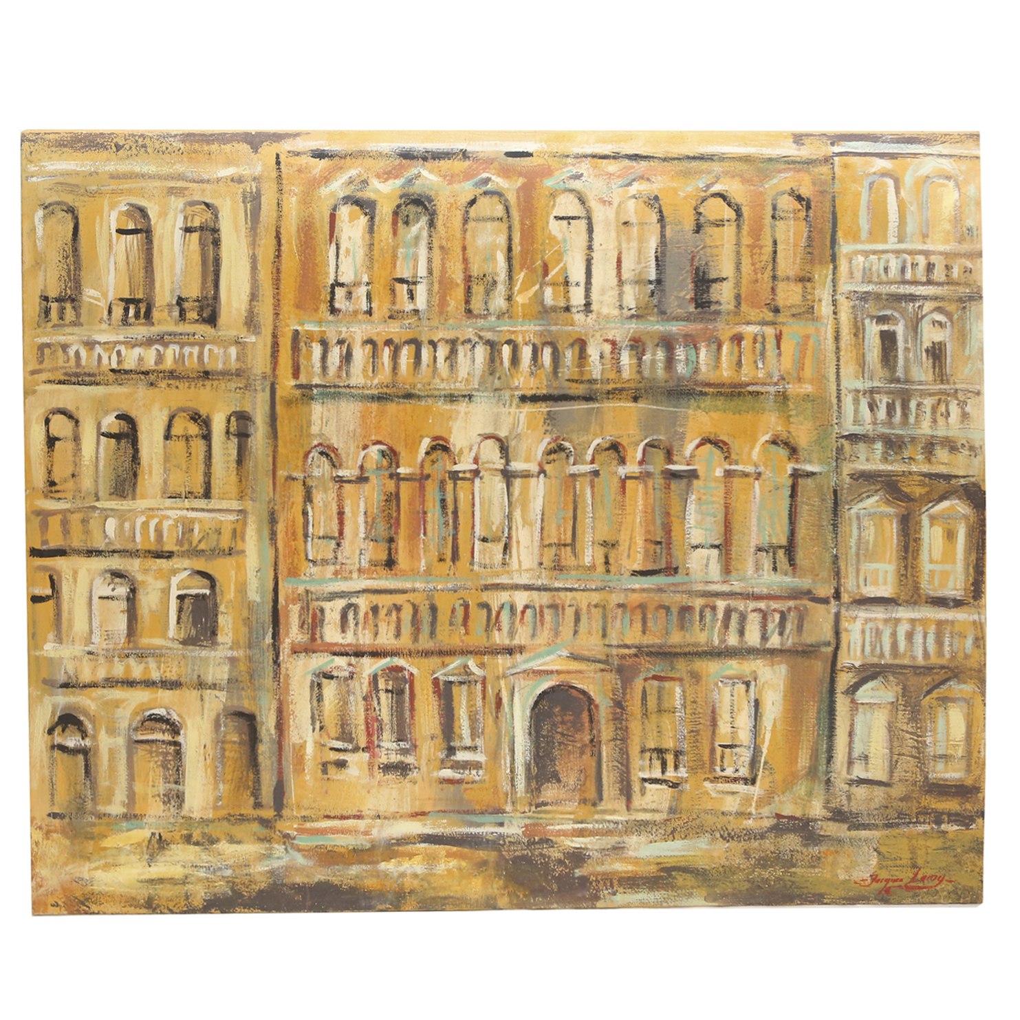 Jacques Lamy Oil Painting on Burlap Facade of Building