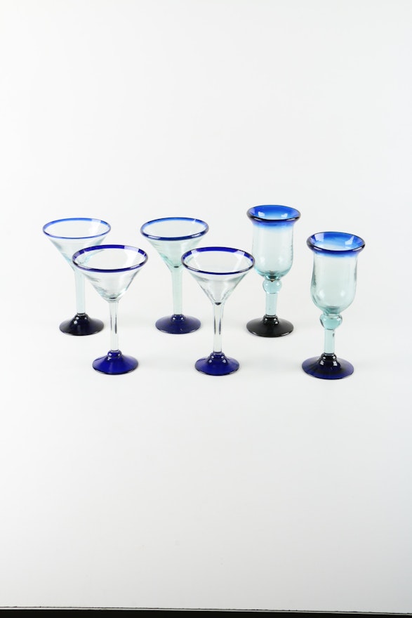 Cobalt-Rimmed Glass Barware