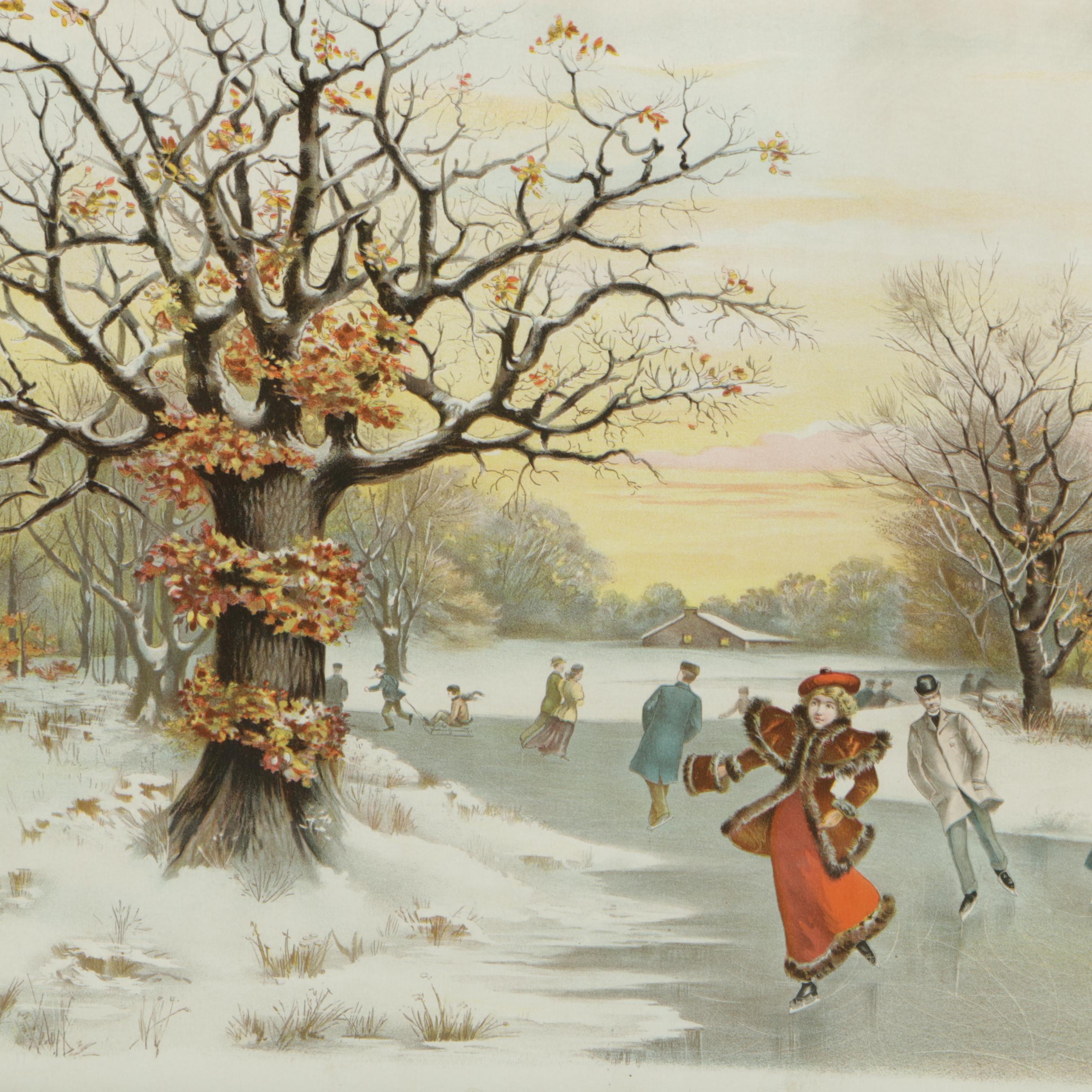 Antique Chromolithograph after George Blair "Winter's Pastime in Lincoln Park"