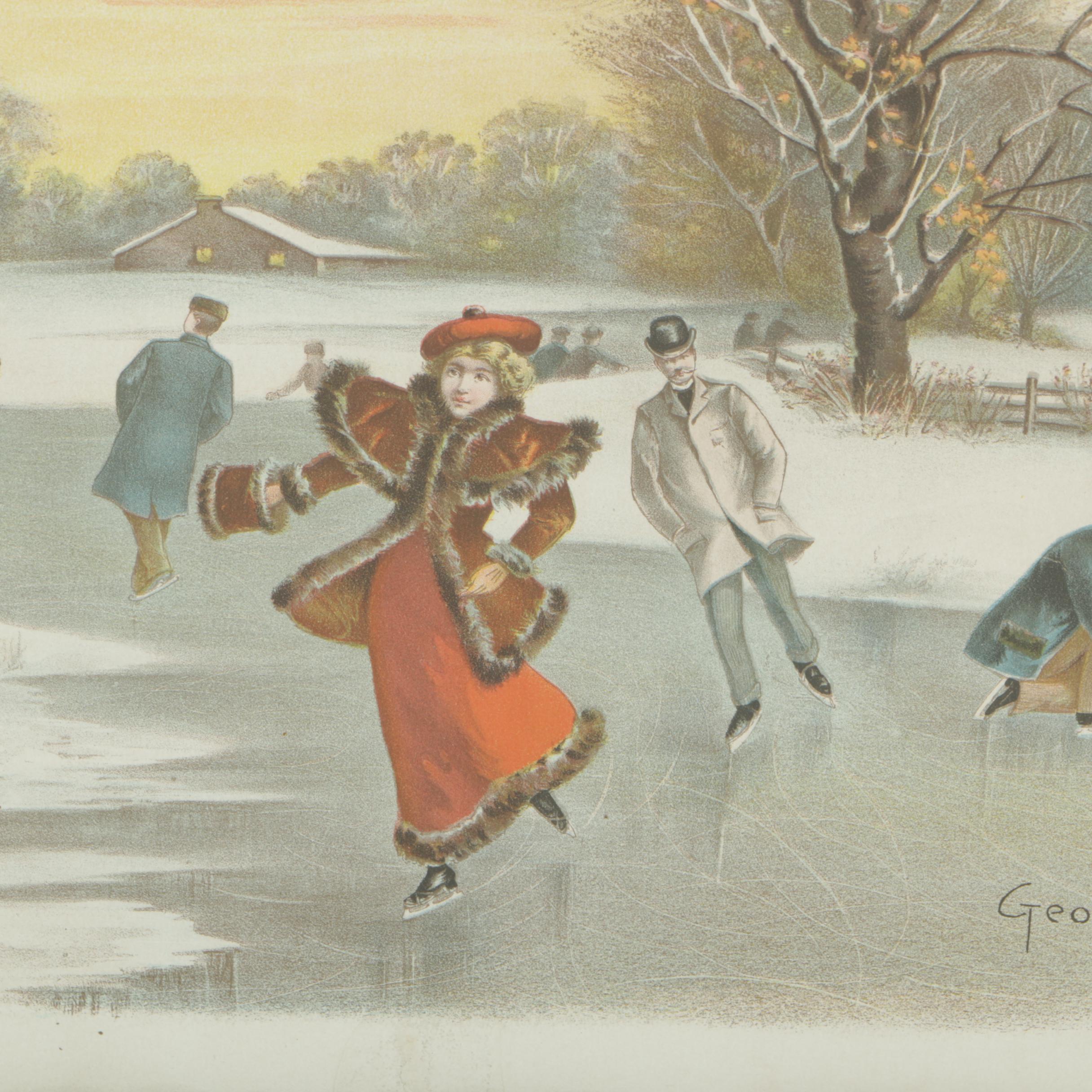Antique Chromolithograph after George Blair "Winter's Pastime in Lincoln Park"