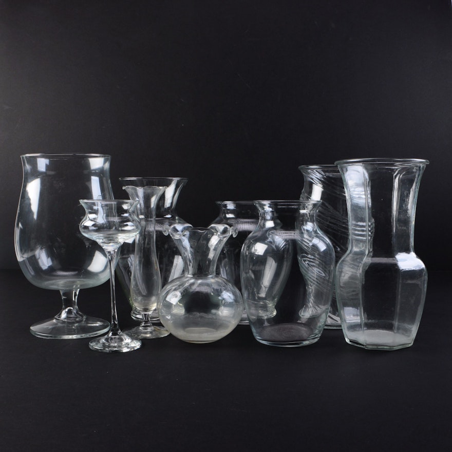 Assortment of Clear Glass Vases and Barware