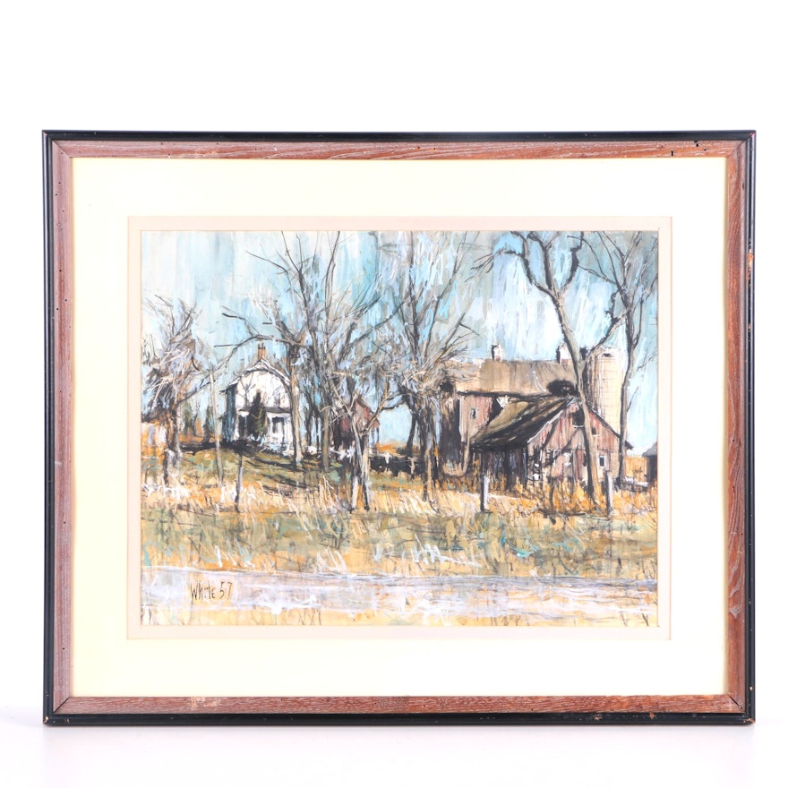 Signed White Gouache Painting on Paper of Wooded Scene