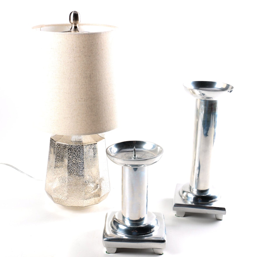 Mirrored Glass Table Lamp and Metal Candleholders