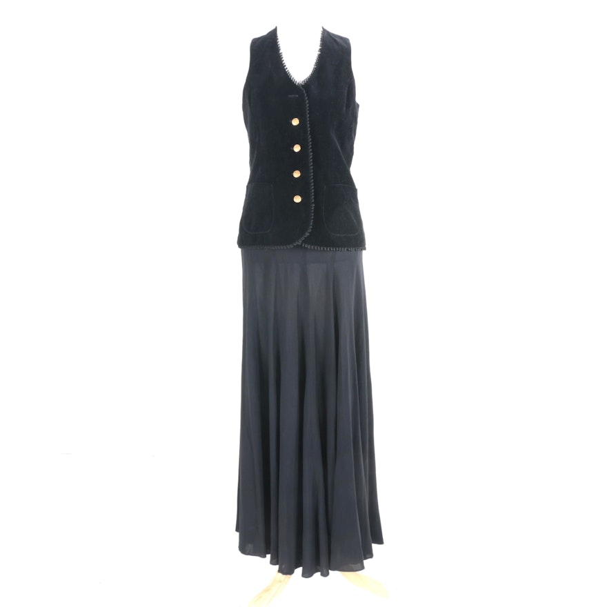 Women's Black Panel Skirt and Velvet Vest