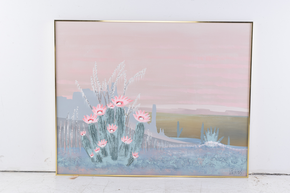 Lee Reynolds Acrylic Painting of a Flowering Cactus