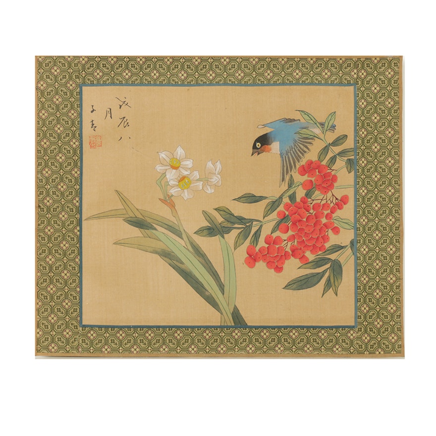 Chinese Gouache Painting on Fabric of Bird-and-Flower Motif