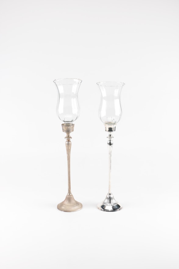 Pair of Metal Candlesticks With Glass Shades
