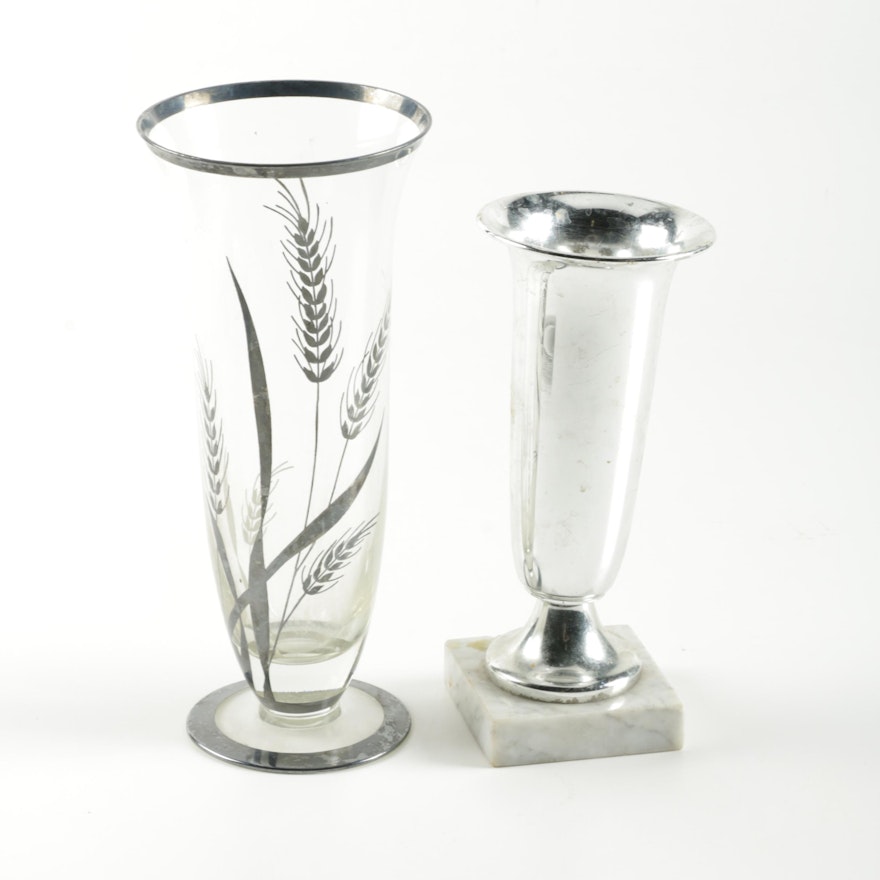 Glass Vase with Silver Plate Overlay and a Silver Tone Metal Vase