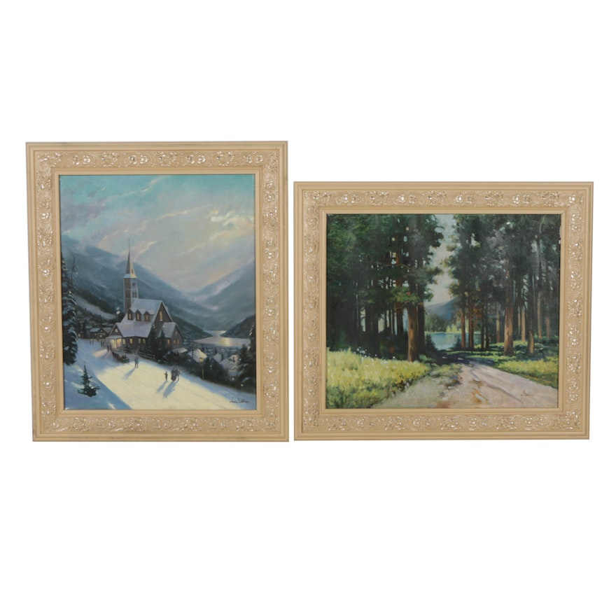 Pair of Lawrence Williams Embellished Giclees of Winter and Spring Scenes