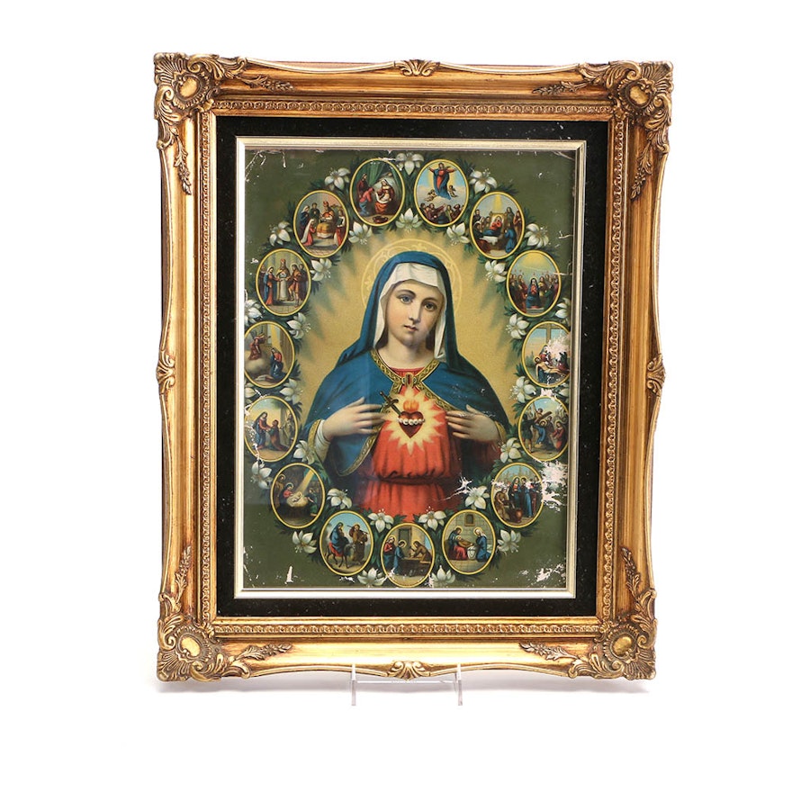 Vintage Chromolithograph on Paper of the Mother Mary