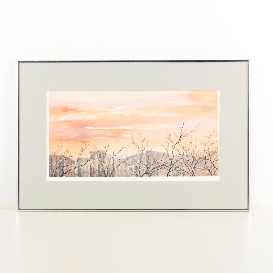 Anthony Elacion Watercolor Painting on Paper Sunset Cityscape