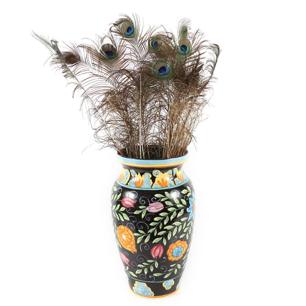 Hand-Painted Italian Ceramic Floor Vase with Peacock Feathers