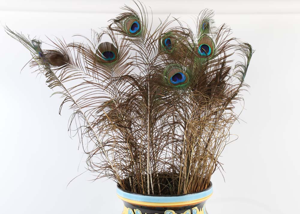 Hand-Painted Italian Ceramic Floor Vase with Peacock Feathers