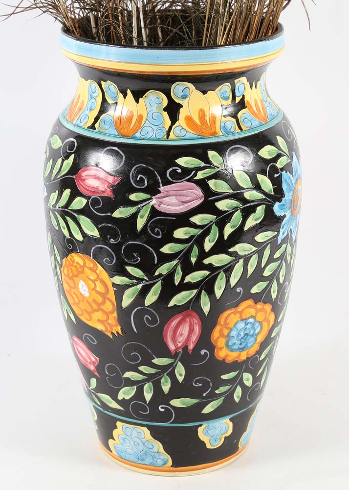 Hand-Painted Italian Ceramic Floor Vase with Peacock Feathers