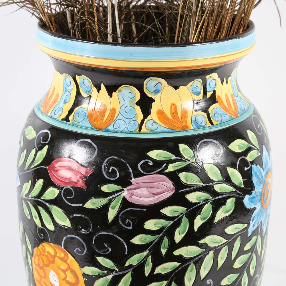 Hand-Painted Italian Ceramic Floor Vase with Peacock Feathers