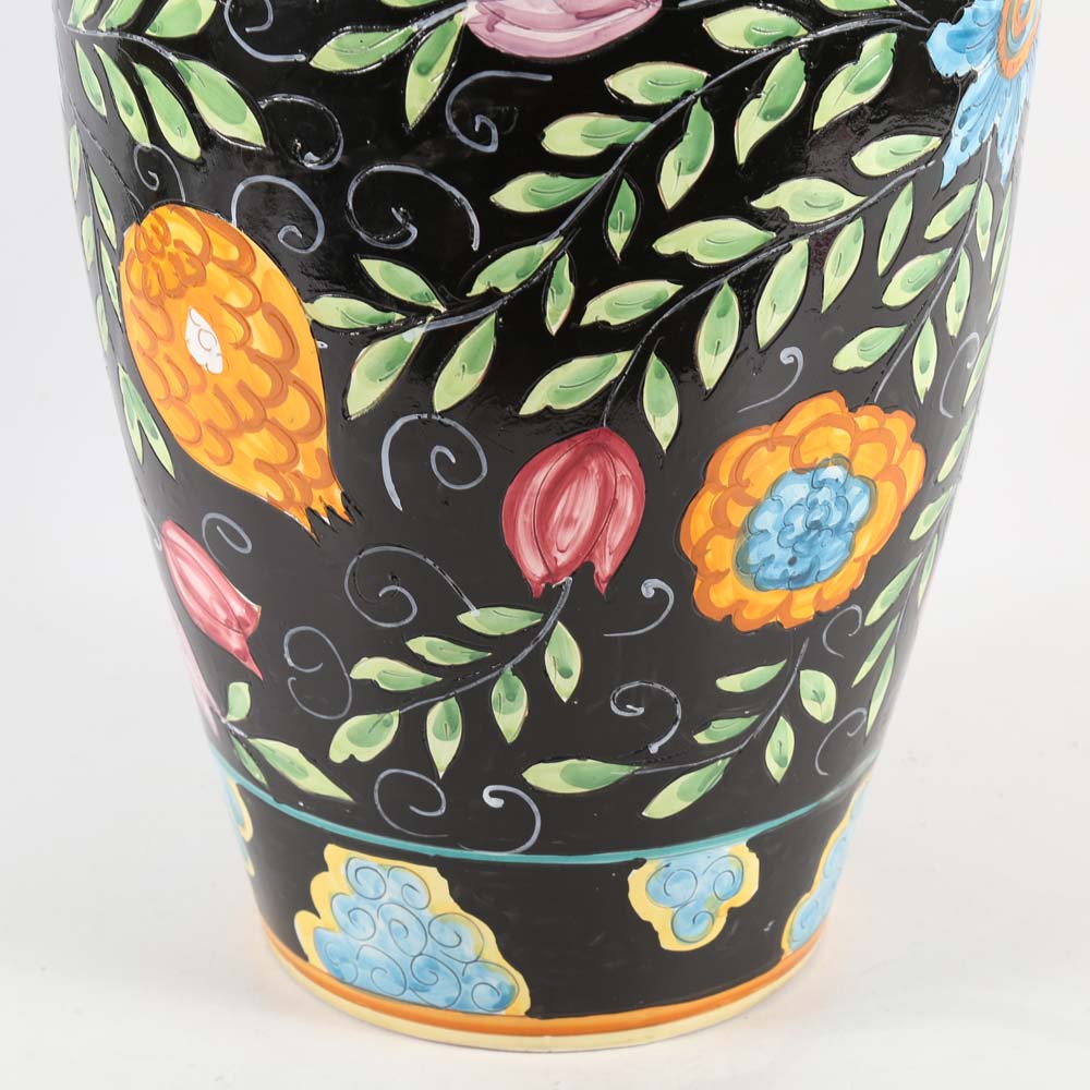 Hand-Painted Italian Ceramic Floor Vase with Peacock Feathers