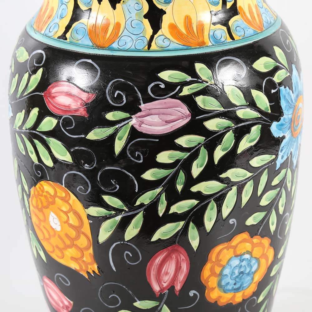 Hand-Painted Italian Ceramic Floor Vase with Peacock Feathers