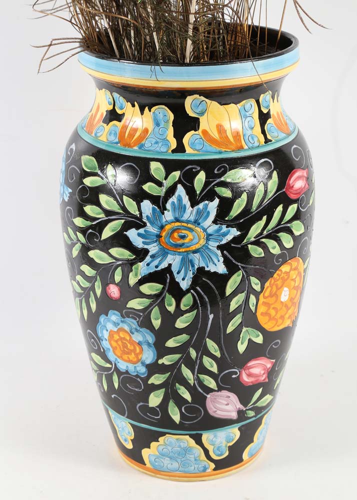 Hand-Painted Italian Ceramic Floor Vase with Peacock Feathers