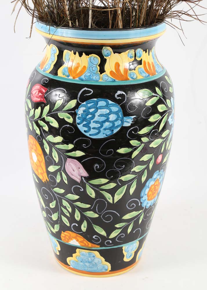 Hand-Painted Italian Ceramic Floor Vase with Peacock Feathers