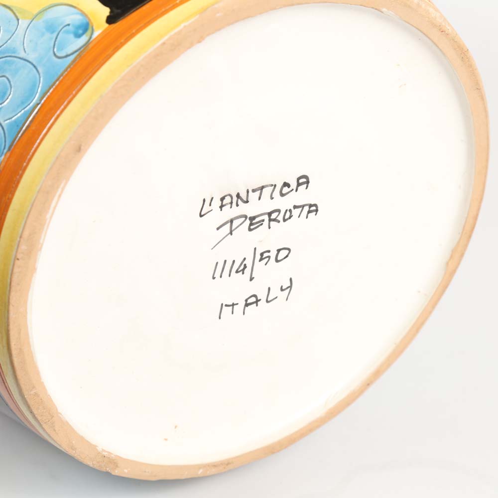 Hand-Painted Italian Ceramic Floor Vase with Peacock Feathers