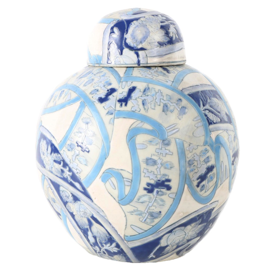 Ceramic Blue and White Lidded Vessel
