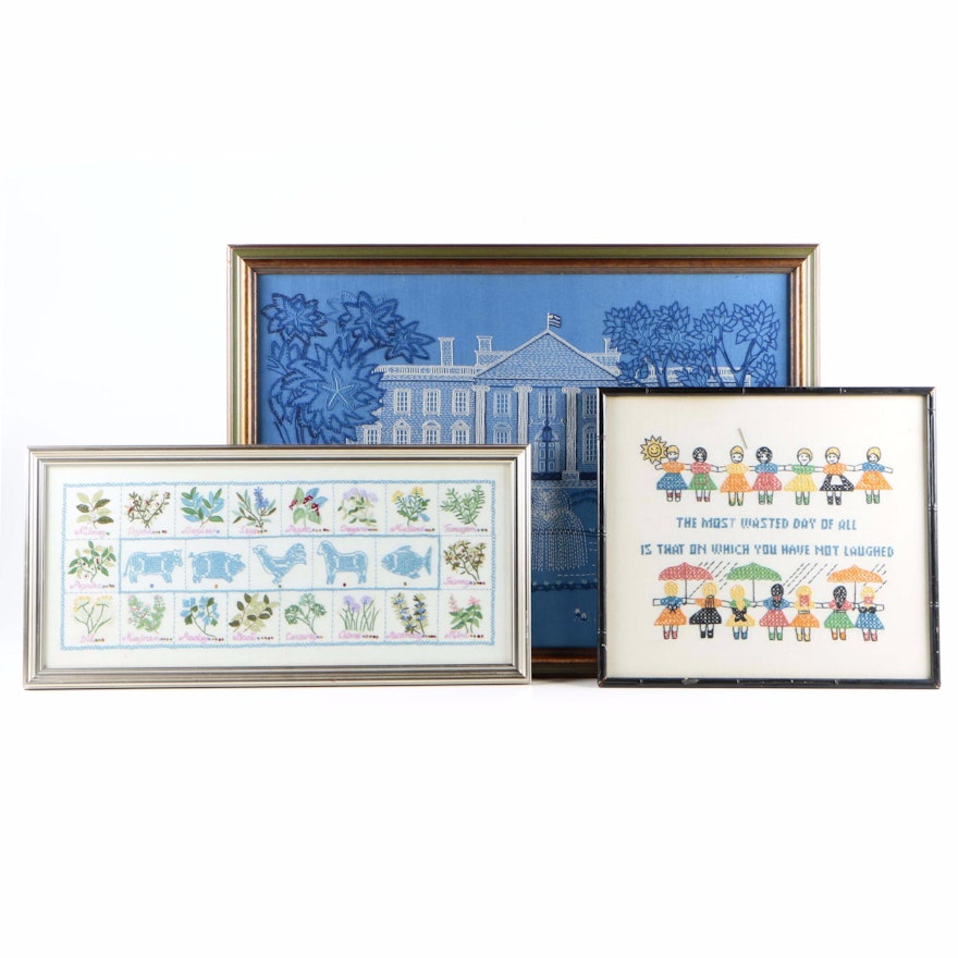 Hand-Stitched Embroidery Pieces Including one of the White House Front Lawn