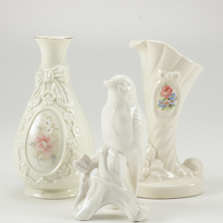 White Porcelain and Ceramic Vases and Bird Figurine