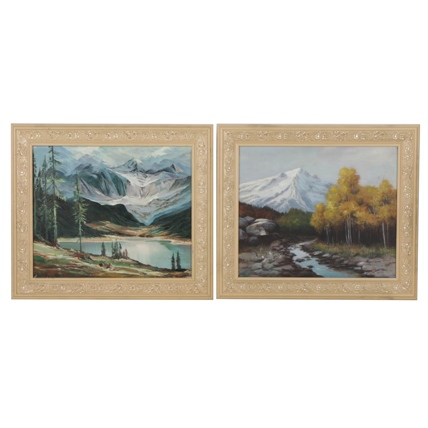 Pair of Lawrence Williams Embellished Glicees of Mountain Scenes