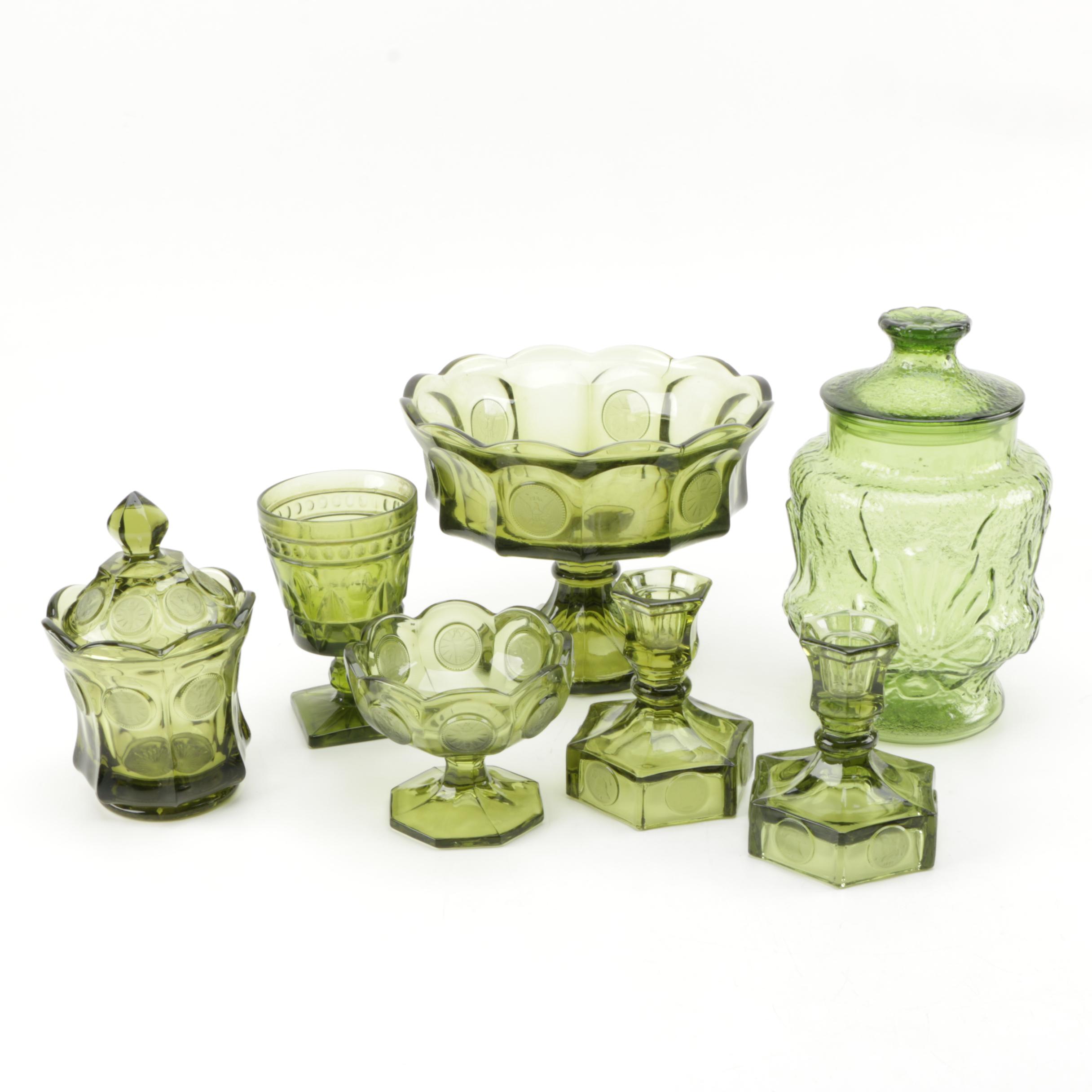 Vintage Fostoria  "Coin Glass Olive Green" Glassware