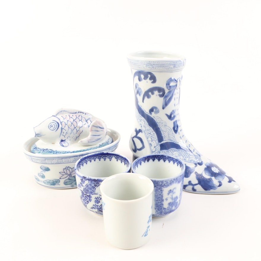 Chinese White and Blue Decorative Cups and Bowls