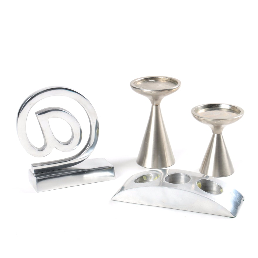 Three Metal Candle Holders and Paperweight