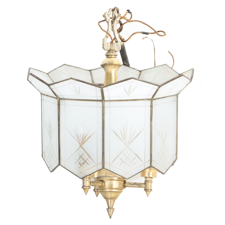 Brass Hanging Light Fixture with Frosted Glass Panels