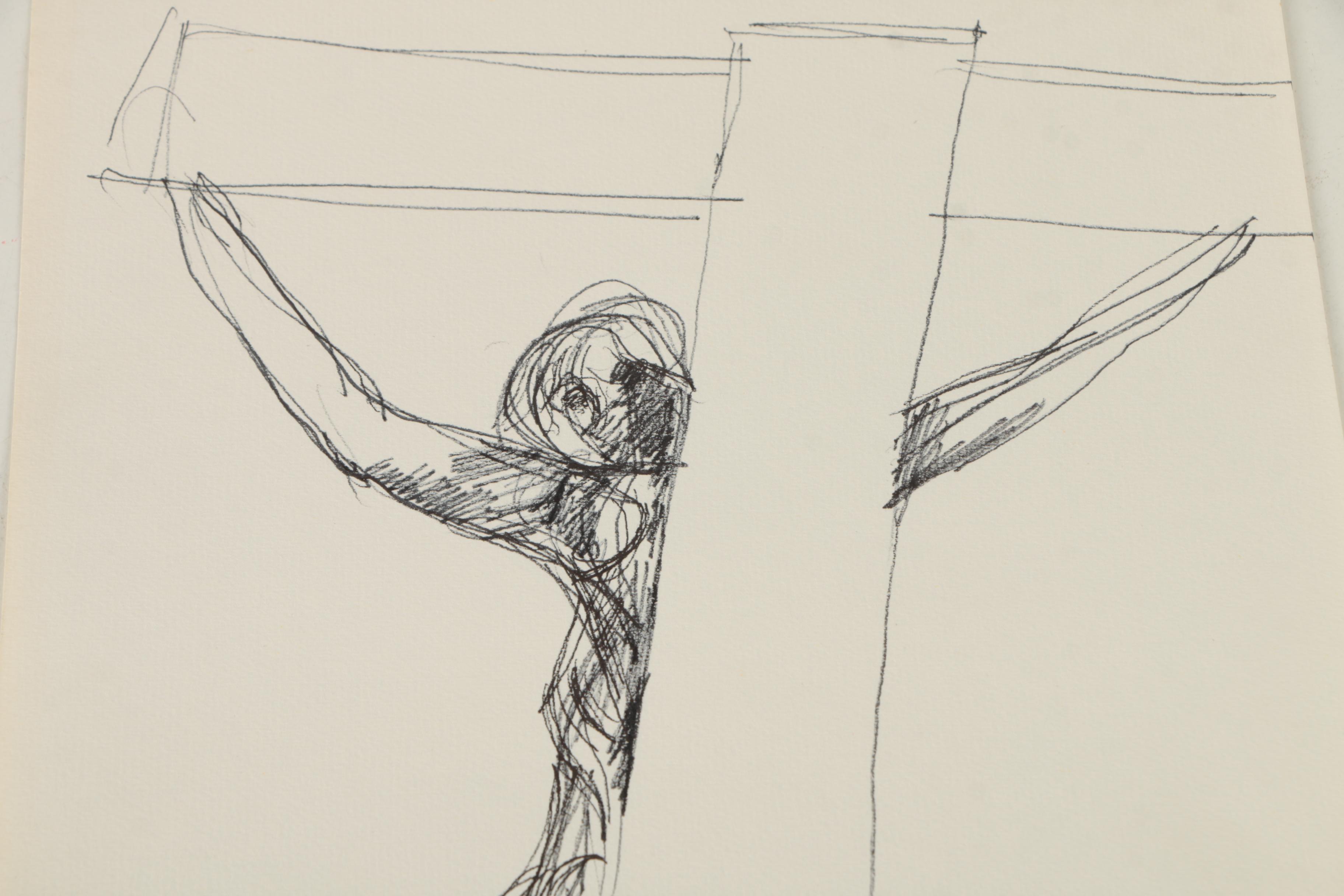 Henry C. Meyer 1960s Ink Sketches on Paper of Christ on the Cross